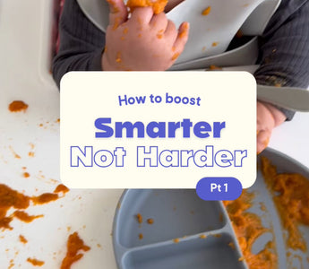 Baby eating messy meal with food catcher bib and tray, mess-free mealtime solution